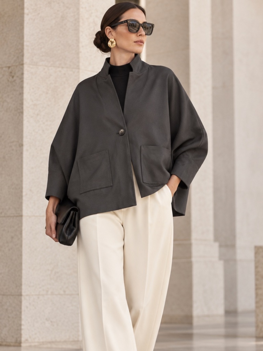 St. John VERY Oversized Cardigan Black Knit Drop Shoulder Dolman Sleeve Pockets!